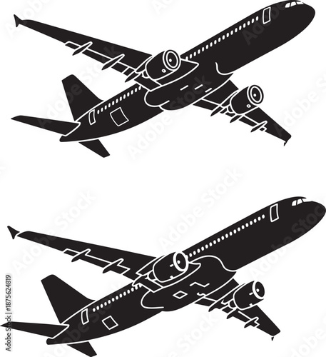Two commercial airplanes in flight silhouette illustration