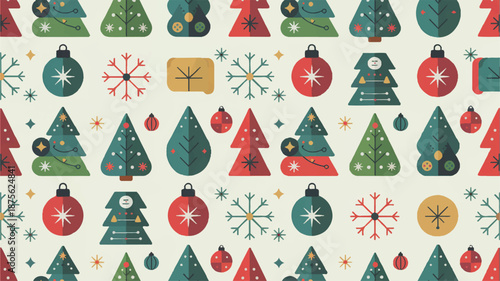 A seamless vector pattern featuring geometric Christmas decorations and ornaments on a white background viewed from directly above