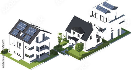 Isometric Modern White Houses with Solar Panels on Roof for Sustainable Energy Living and Eco Friendly Real Estate Property Vector Illustration