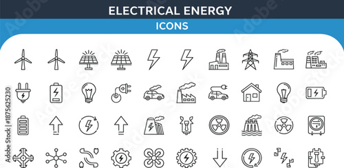 Collection of Electrical Energy Icons Representing Various Aspects of Power Generation and Distribution