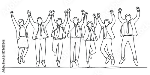 Excited business team jumping in celebration, showing unity and achievement in a continuous line art style