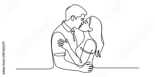 A beautiful minimalist continuous line drawing capturing an intimate moment of a couple's kiss