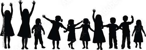 Large group of diverse children silhouettes standing in a row with hands raised, playing, and holding hands on white background,