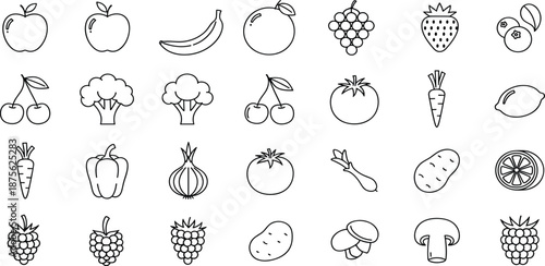A collection of various fruits and vegetables illustrated in a simple line art style on a white background