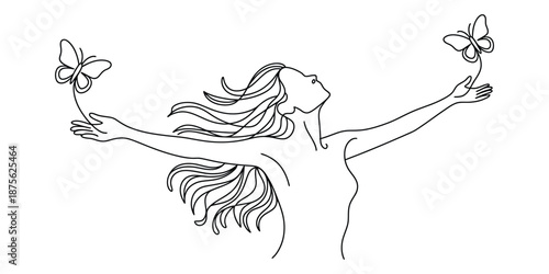 A young woman embracing nature's freedom with outstretched arms and delicate butterflies