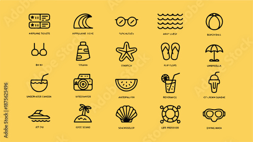 A collection of 20 minimalist line art icons depicting summer vacation and travel elements on a vibrant yellow background