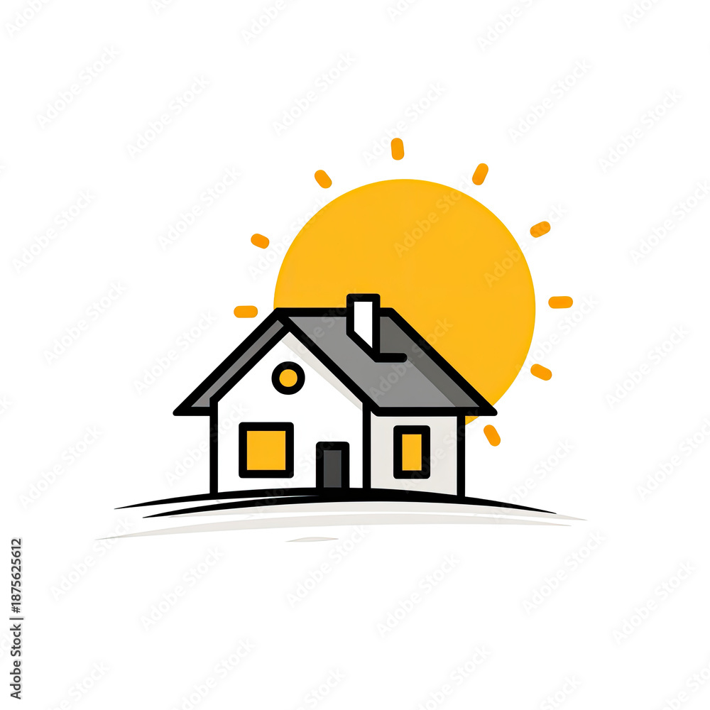 Naklejka premium Cartoon illustration of a white house with grey roof and sunshine in the backdrop
