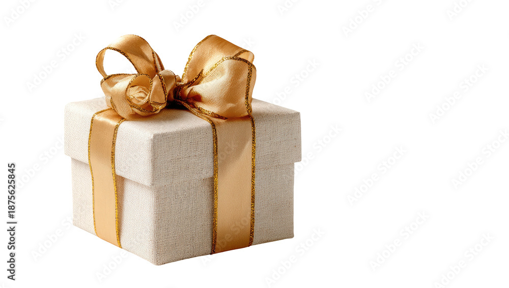 Fototapeta premium A neutral-toned gift box adorned with a shimmering gold bow, on a stark black backdrop