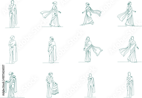 Illustrations of Women Wearing Sarees in Various Styles