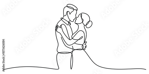 Romantic continuous line art of a man and woman in a close embrace about to kiss
