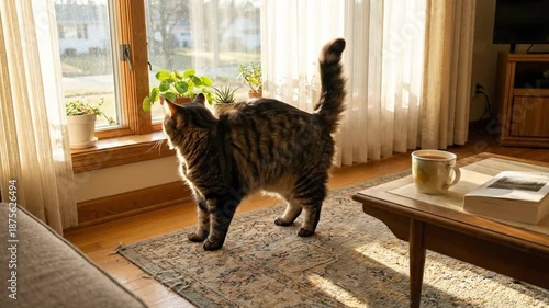 A tabby cat stands on a rug in a sunlit living room, looking out the window
