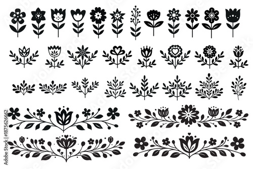 Black floral folk elements set in Scandinavian style. Hand drawn decorative flowers and branches, minimal hygge silhouettes for spring and Easter design, folk art ornaments and borders.