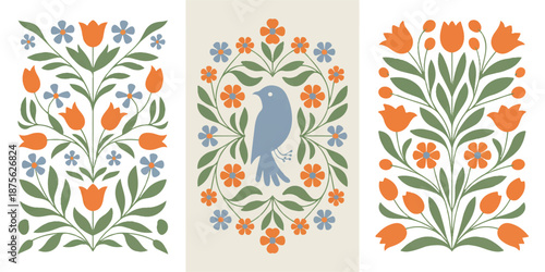A collection of decorative floral patterns featuring flowers, birds, and leaves in a stylized illustration