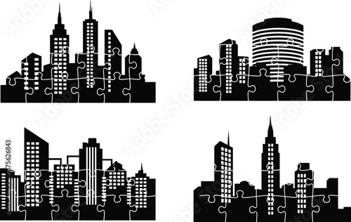 Set of black city skyline silhouettes in jigsaw puzzle pieces, urban skyscraper buildings, modern architectural houses, and suburban home icons