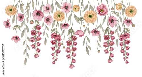 Watercolor hanging floral border with pink and peach flowers and leaves