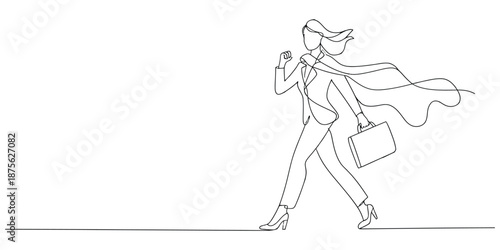 Empowered businesswoman in a suit and superhero cape striding confidently with a briefcase
