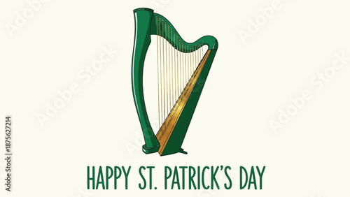 Green harp illustration with happy st patrick's day text on cream background