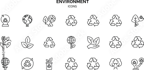 Essential collection of minimalist line art vector icons illustrating environmental protection, sustainability, and ecological conservation efforts for a healthier planet