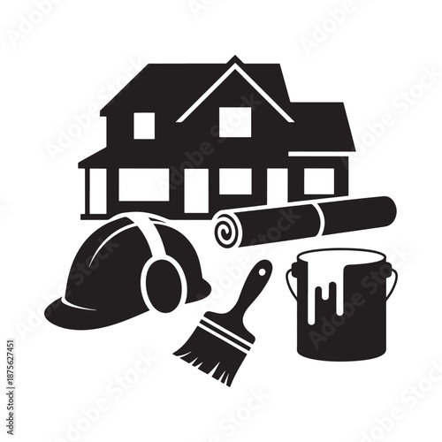 house renovation tools and equipment in black silhouette