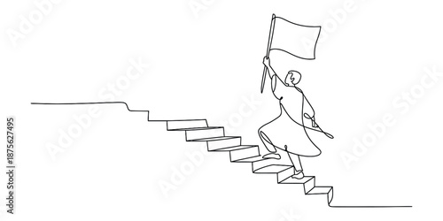 A person triumphantly climbs a staircase, holding a flag high in a continuous line drawing