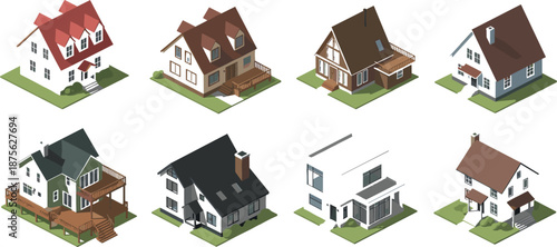 Set of eight isometric 3D vector house illustrations including modern suburban homes, cottages, and residential villas isolated on white background,