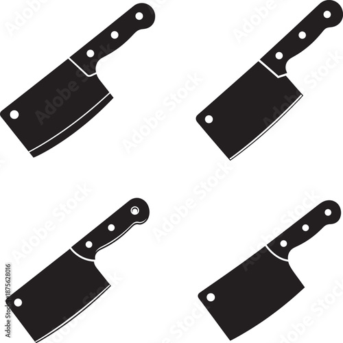 Four black kitchen cleavers with handles on a white background
