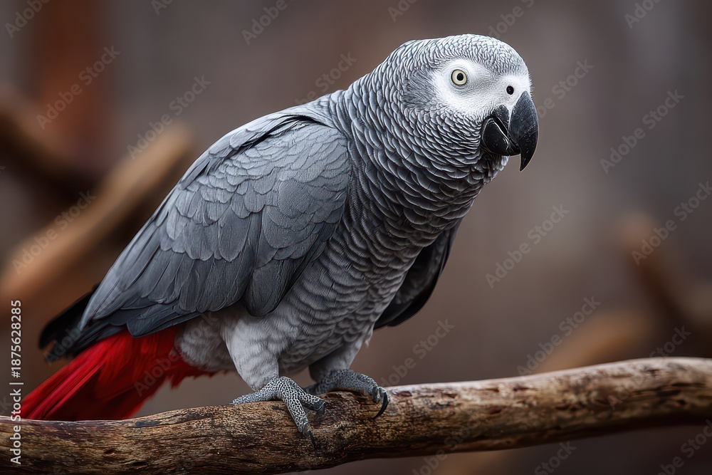 Fototapeta premium Soft-Lighting Portrait of an African Grey Parrot on a Natural Perch