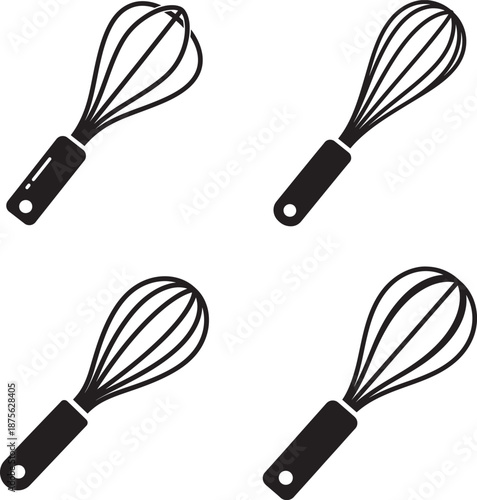 Four black wire whisks with handles on a white background