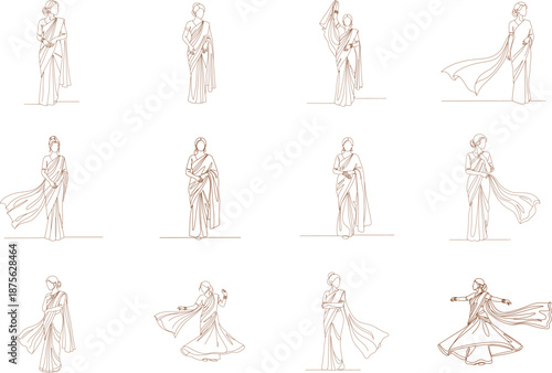 Illustrations of Women in Sarees Performing Dance Moves