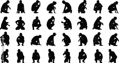 Crouching people silhouette set, men and women squatting poses collection, human posture actions illustration, isolated white background