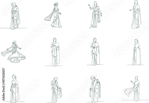 Illustrations of Women in Traditional Saree Poses and Styles