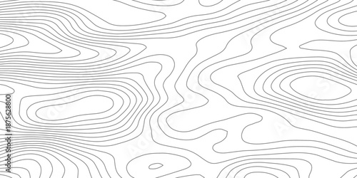Seamless abstract contour map pattern with black and white flowing lines, representing geographic elevation, liquid terrain motion, and wood grain textures in modern minimalist vector design.
