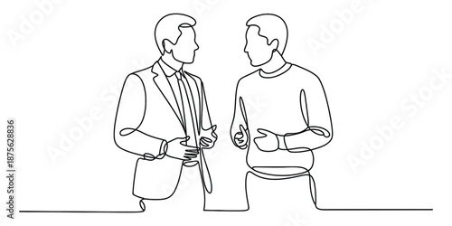 Continuous line drawing of two men in conversation, one in business attire and the other in casual wear