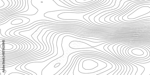 Minimal black and white topographic contour line background with flowing organic curves, inspired by terrain maps, wood grain textures, and fluid relief forms in a seamless vector style.