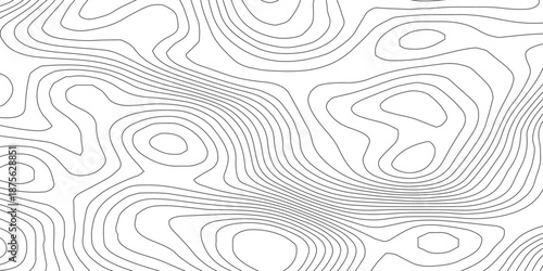 Abstract topography map background featuring wavy contour lines in black and white, evoking geographic elevation, paper relief waves, and organic terrain flow in seamless vector art.