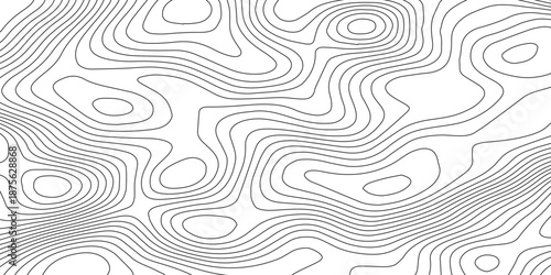 Seamless abstract contour map pattern with black and white flowing lines, representing geographic elevation, liquid terrain motion, and wood grain textures in modern minimalist vector design.