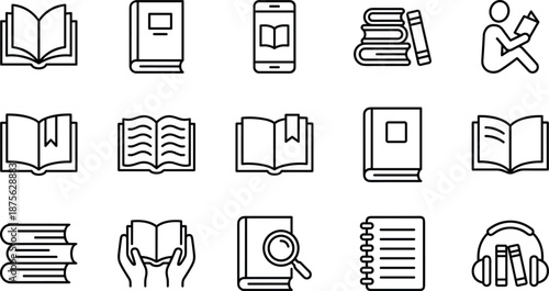 Outline education and reading icons set with books ebooks studying learning symbols for school library and knowledge apps design