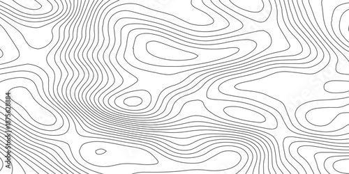 Abstract black and white wavy line pattern resembling topographic contour maps, organic wood grain, and fluid terrain flow, forming a seamless minimalist vector background for modern design.