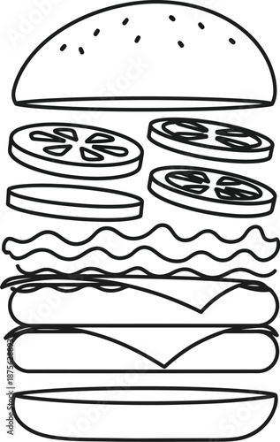 Exploded view line art of a classic cheeseburger ingredients floating apart