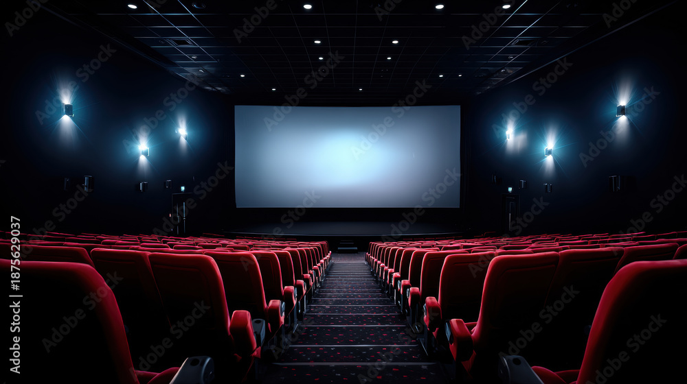 Fototapeta premium Empty cinema auditorium with red seats and blank screen evoking anticipation and calm mood