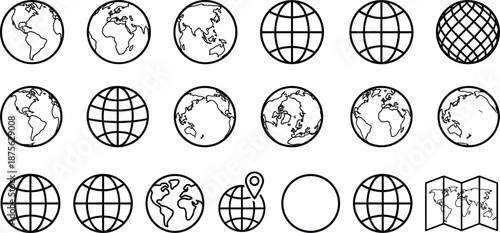 Outline globe and world map icons set showing earth continents grid spheres and location symbols for navigation geography design
