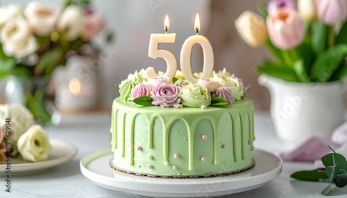 Wallpaper Mural Green 50th Birthday Cake with Floral Topper and Candle for Celebration, Milestone, and Elegant Party Visuals Torontodigital.ca