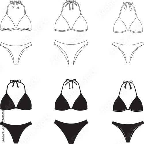 Collection of various swimsuits and bikinis in silhouette and line art style