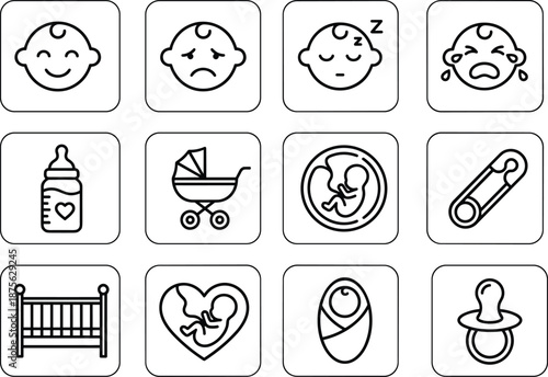 Set of Baby Care and Emotion Icons Including Crying, Sleeping, Feeding, Pregnancy, Safety, and Infant Essentials in Vector Style