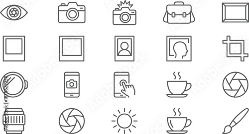 Photography and Editing Line Icons Set Featuring Camera, Lens, Smartphone, Crop Tool, Shutter, Portrait, and Creative Elements