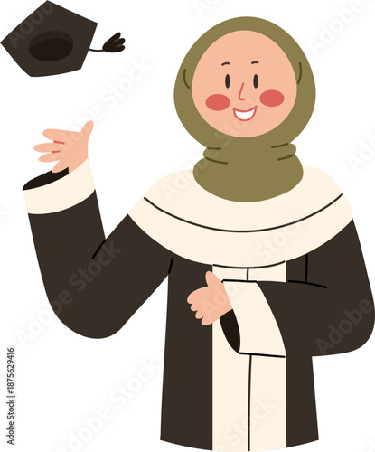 illustration of a hijab woman celebrating graduation while throwing her graduation cap