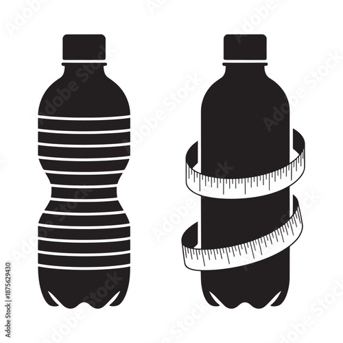 black silhouette of two water bottles with measuring tape around one