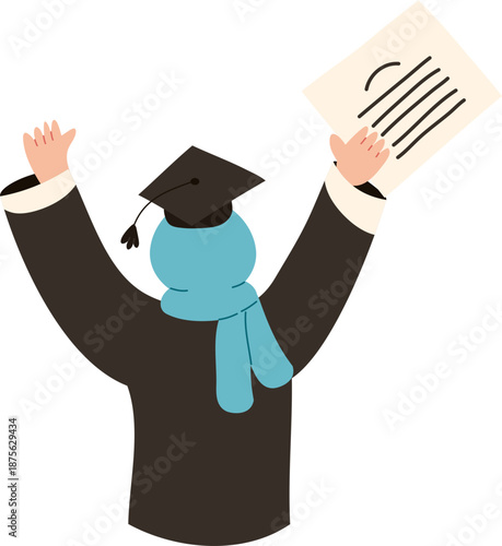 illustration of a hijab woman celebrating graduation by facing backwards