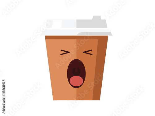 Funny Yawning Coffee Cup Character with Expressive Face.