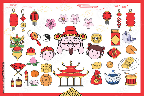 Set of Lunar New Year Chinese holiday in Cartoon Style